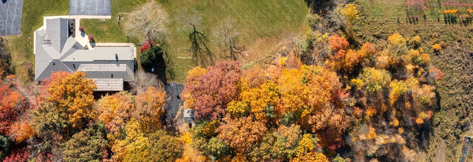 The image shows a colorful autumn scene with trees displaying fall foliage, a house with a landscaped yard, and a clear sky.