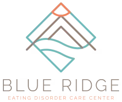 The image shows a logo with the text BLUE RIDGE prominently displayed above an abstract graphic, featuring a stylized representation of mountains and a river, set against a background that transitions from blue at the top to white at the bottom, with a small red triangle on the right side.